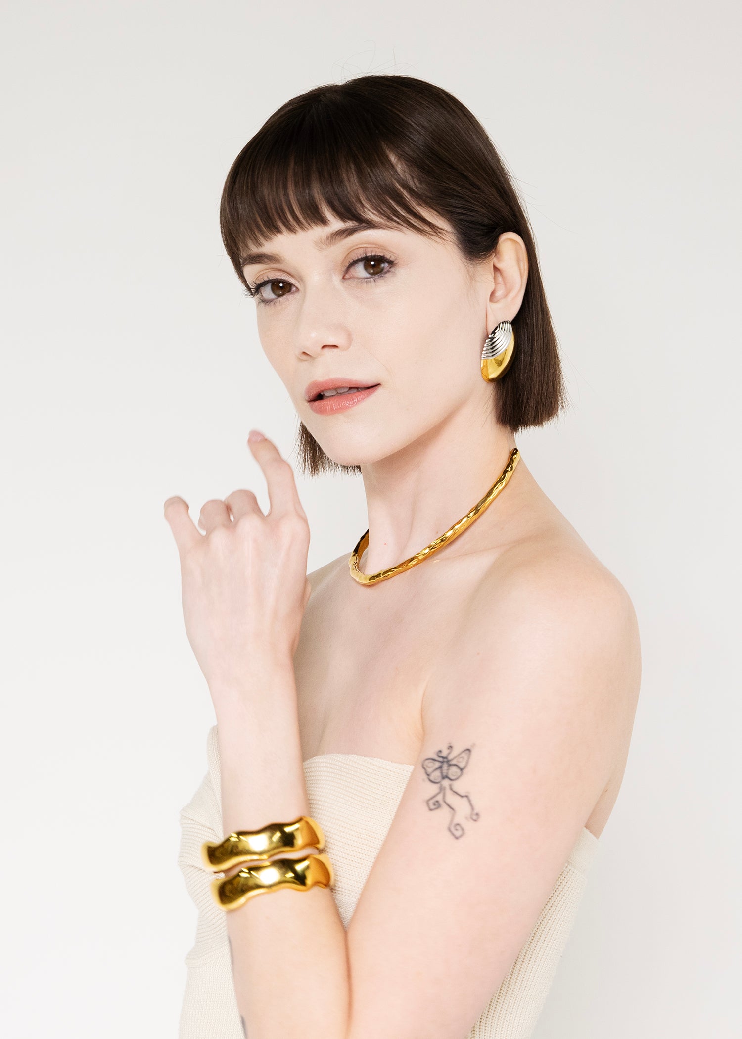 NY Muse Petite Molten Choker - Gold & Silver Choker Necklace for Women - Agne Cuff Bracelet -Mixmatch Muse Extra - Bold Stud Earrings for a Statement Look