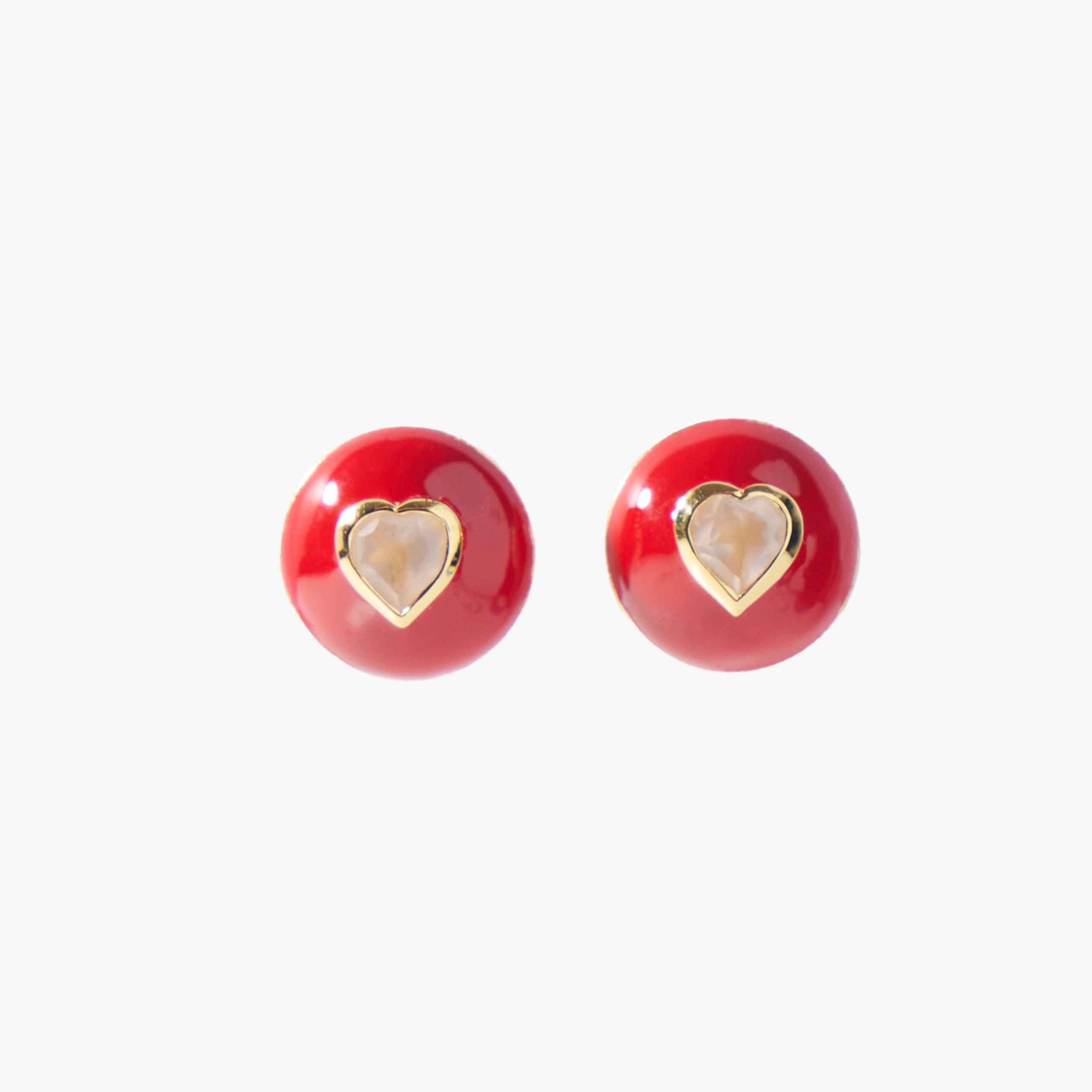Glossy Joie Hearts Studs-Christmas Red Enamel with Rose Quartz-14k gold-plated heart stud earrings