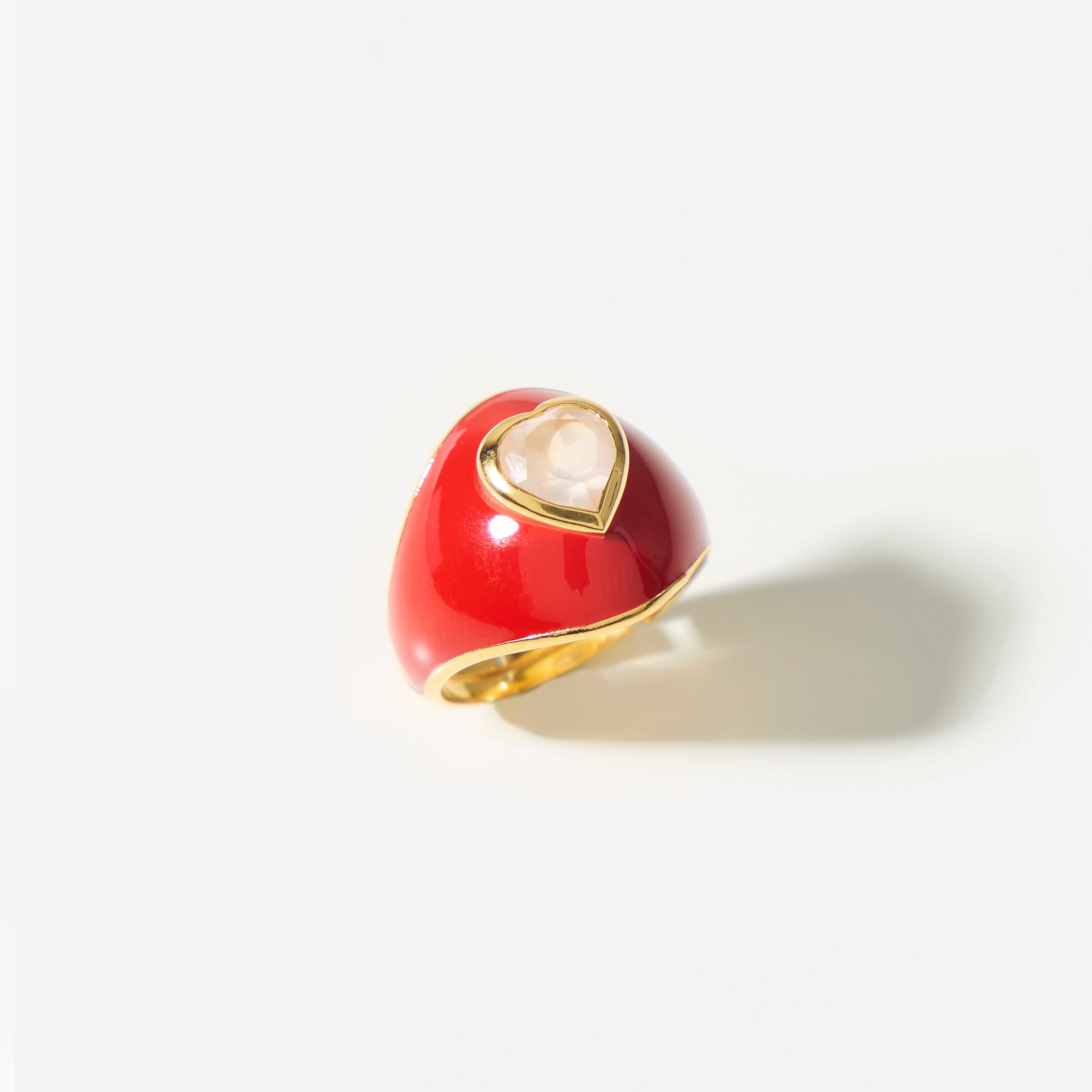 Glossy Joie Hearts Ring-Adjustable Christmas Red Enamel with Rose Quartz - Gold Jewelry & Custom Gold Pendant for Women