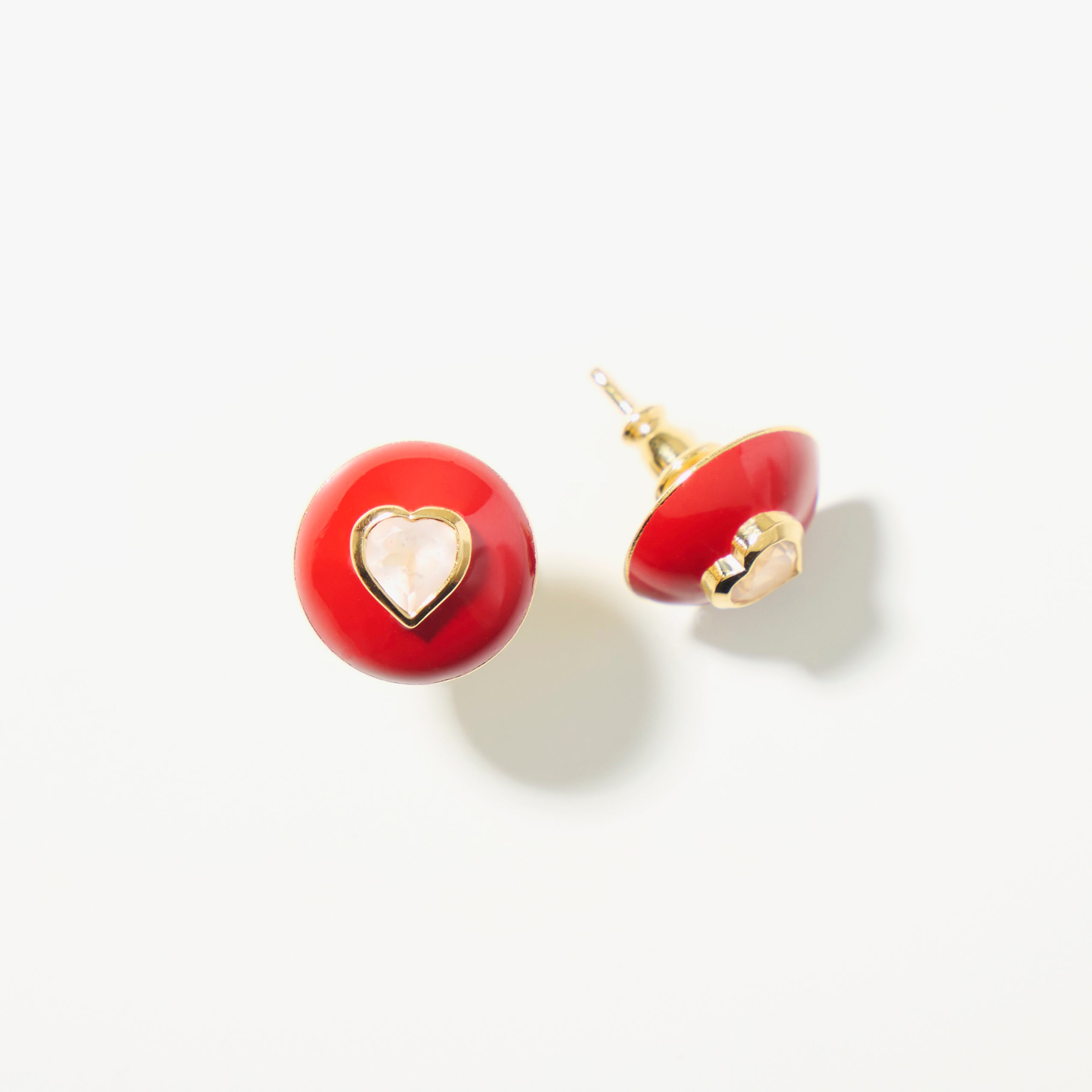 Glossy Joie Hearts Studs-Christmas Red Enamel with Rose Quartz-14k gold-plated heart stud earrings