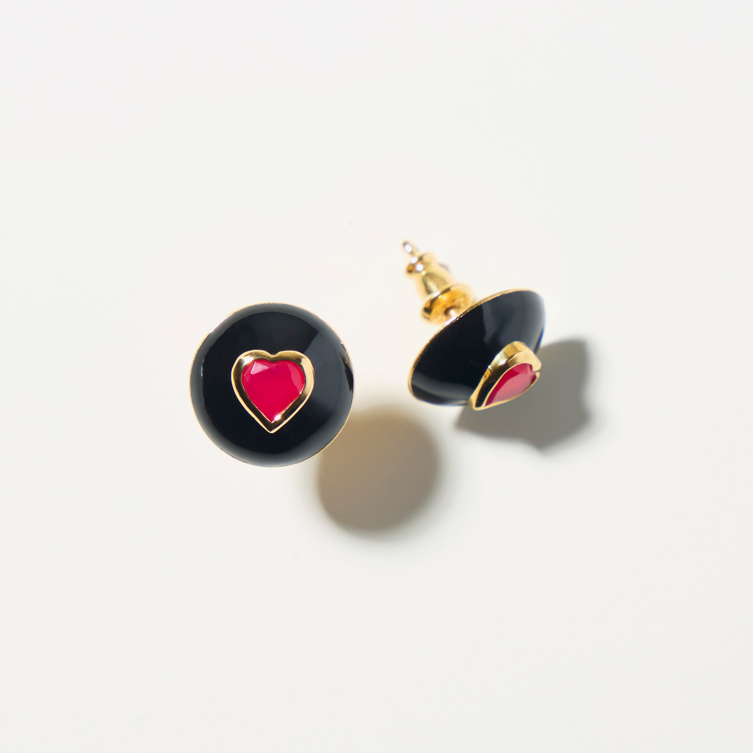 Glossy Joie Hearts Studs-Black Enamel with Pink Quartz - Elegant Gold Hoop Earrings & Gold Jewelry for Women- Best Gift for Special Occasions