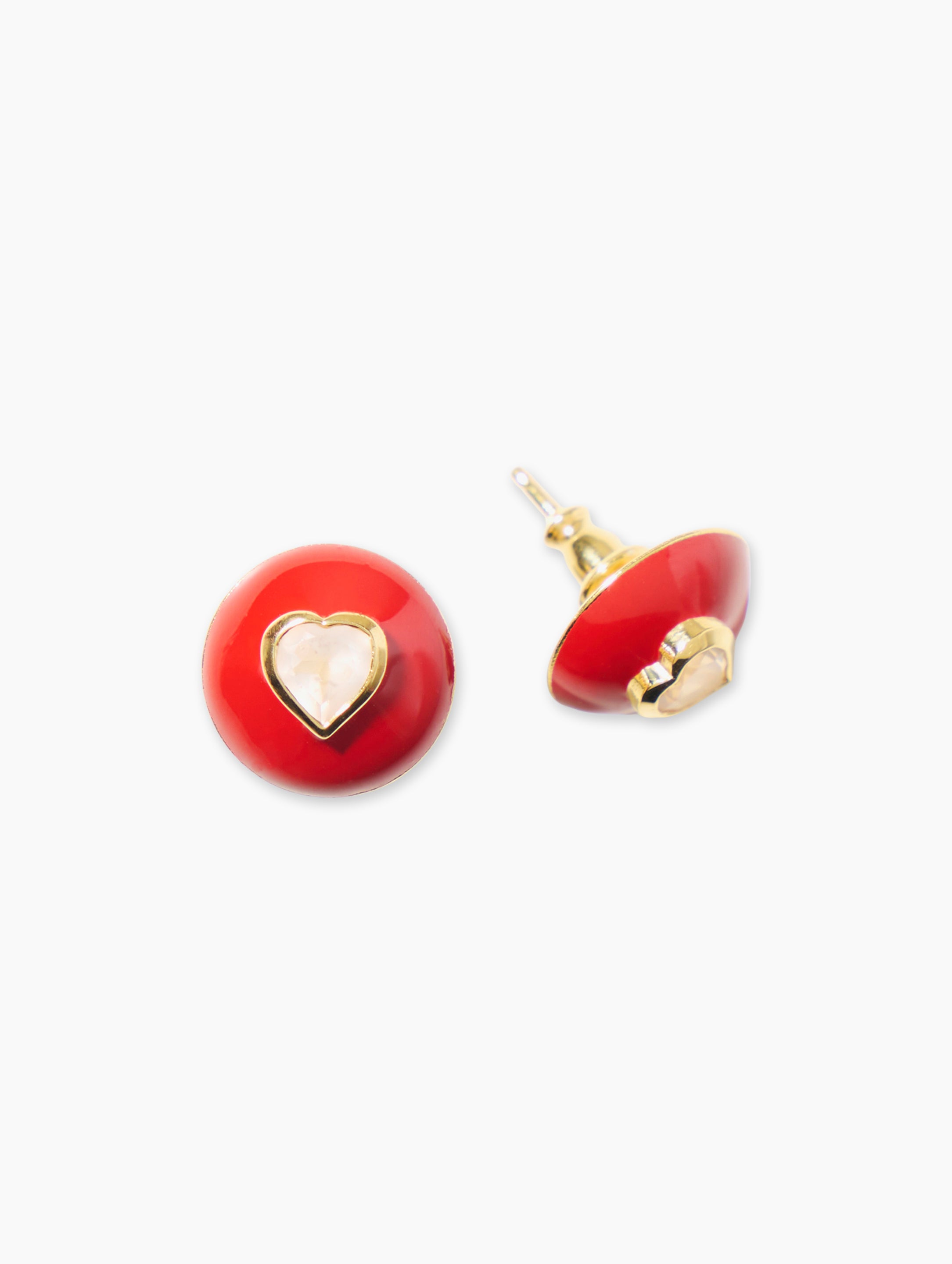 Glossy Joie Hearts Studs-Christmas Red Enamel with Rose Quartz