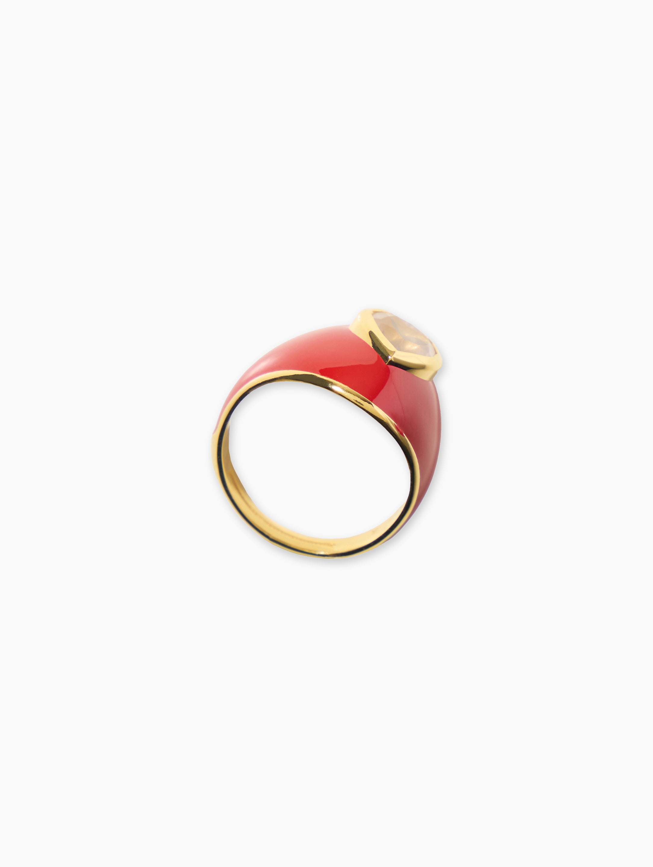 Glossy Joie Hearts Ring-Adjustable Christmas Red Enamel with Rose Quartz detail view | Za Zewelz designer fine ring