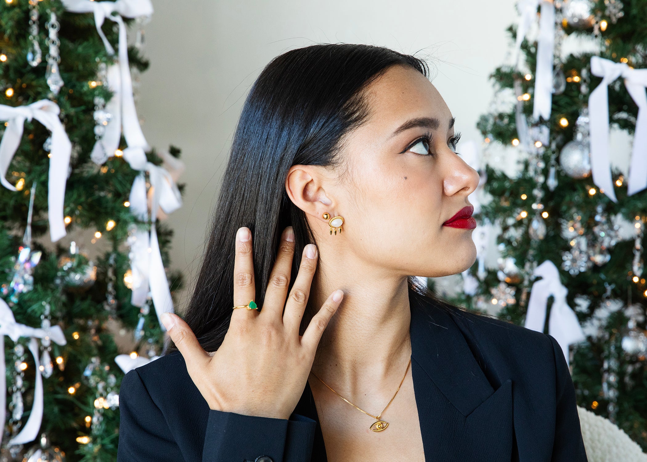 Ne'os-Gold Malachite close-up shot - Za Zewelz gold earrings | bridesmaid gift