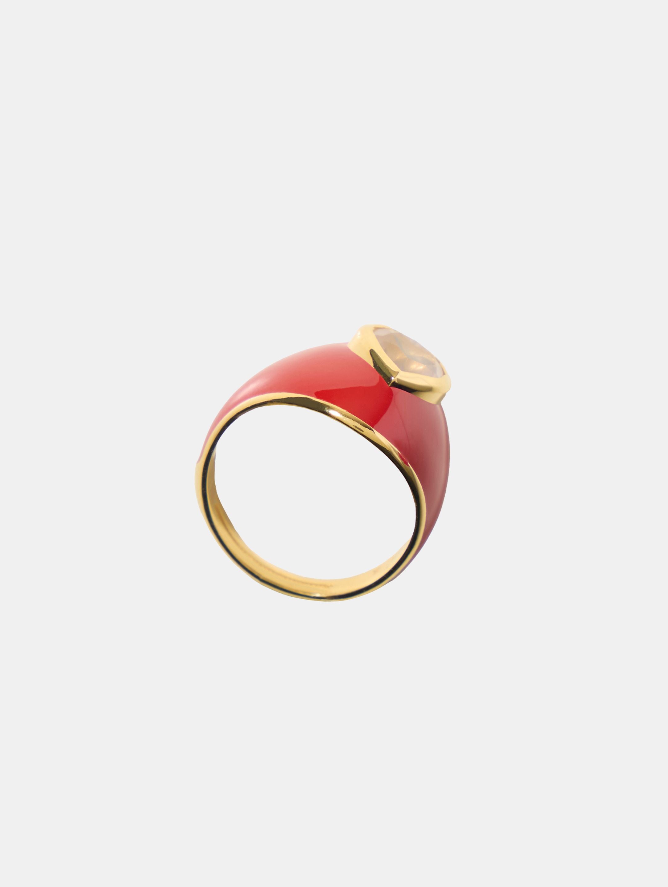 Glossy Joie Hearts Ring-Adjustable Christmas Red Enamel with Rose Quartz
