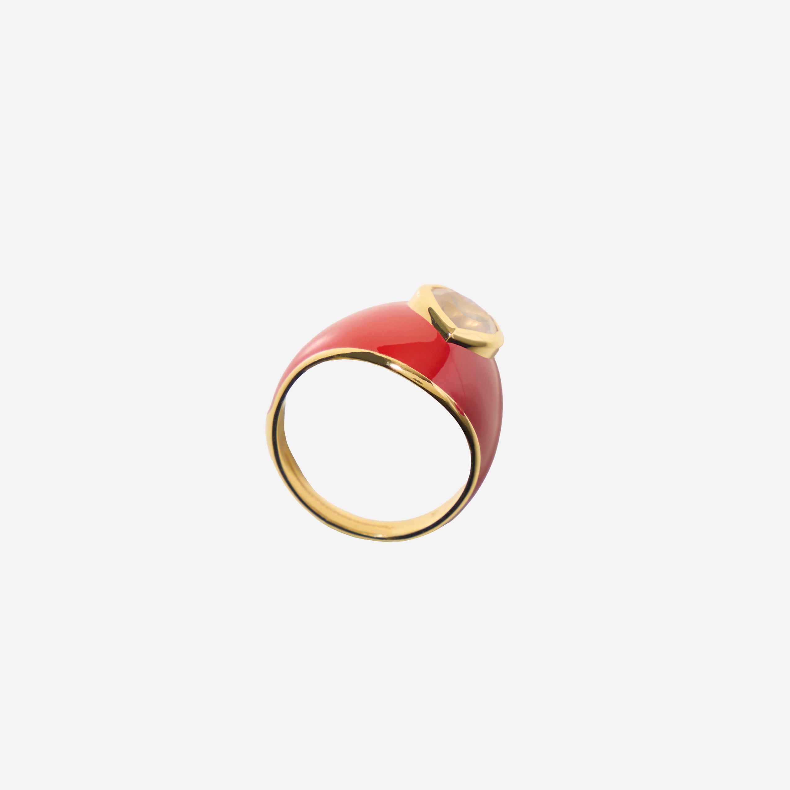 Glossy Joie Hearts Ring-Adjustable Christmas Red Enamel with Rose Quartz