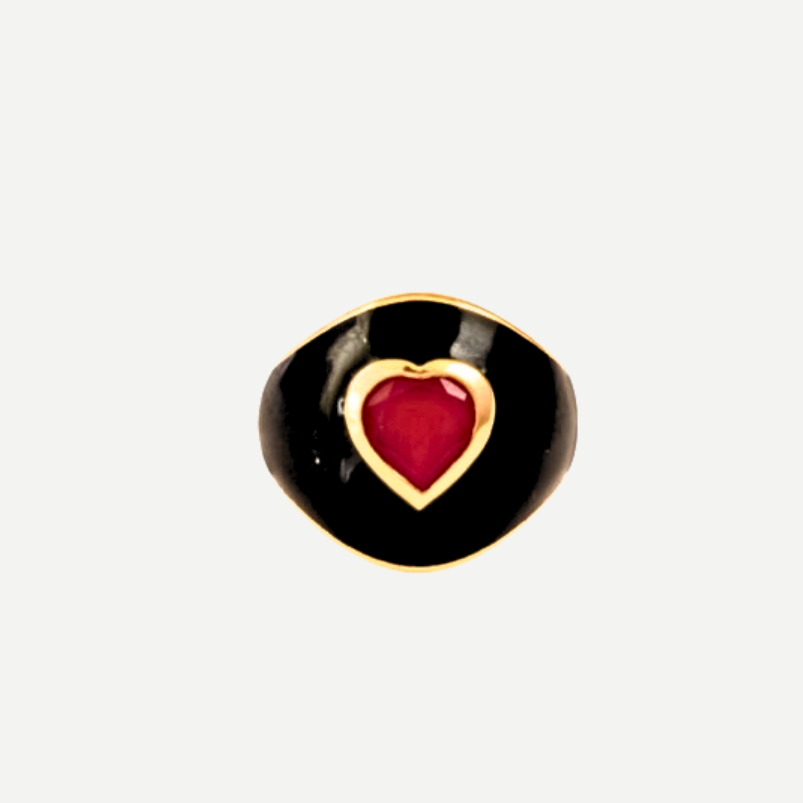 Glossy Joie Hearts Ring-Adjustable Black Enamel with Pink Quartz