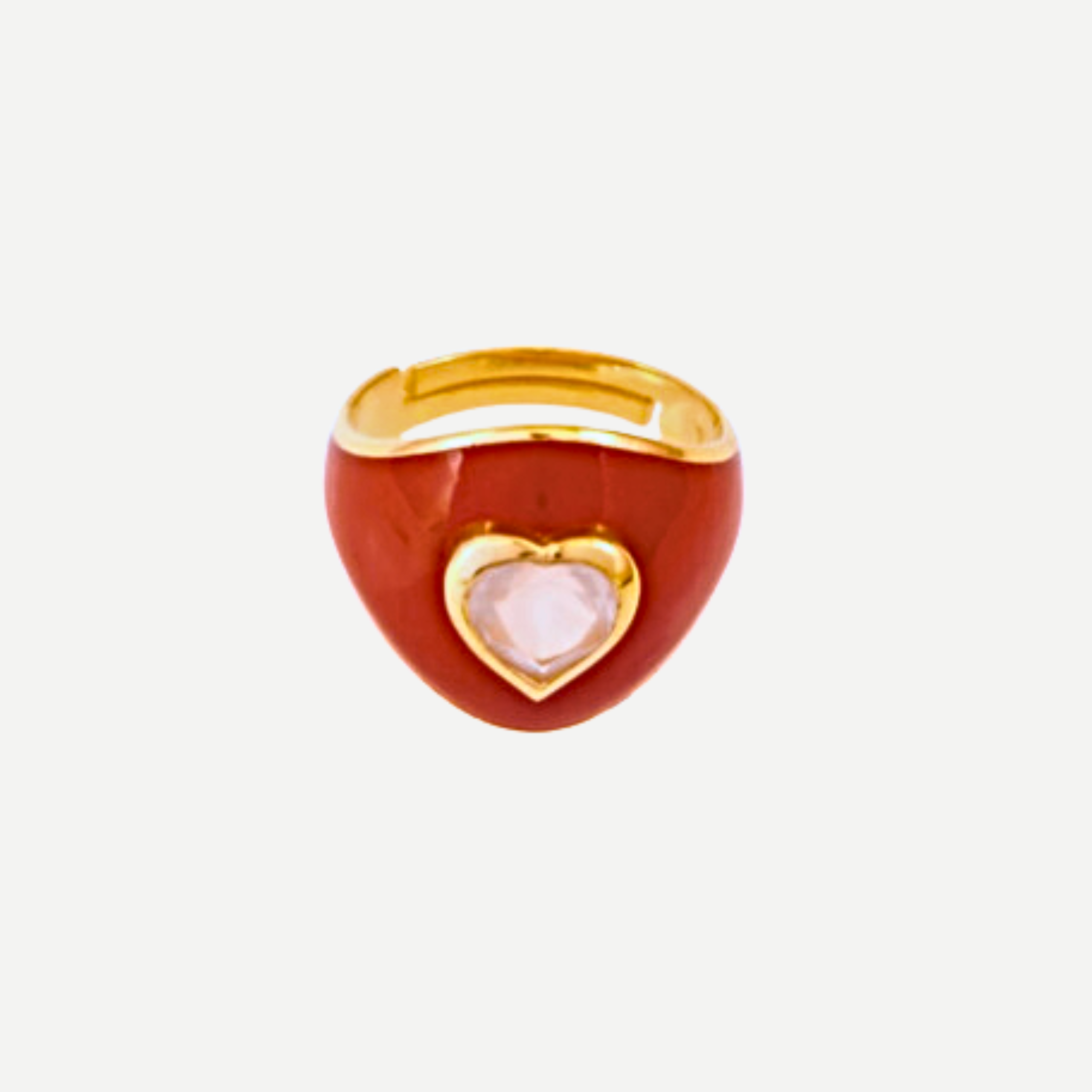 Glossy Joie Hearts Ring-Adjustable Christmas Red Enamel with Rose Quartz